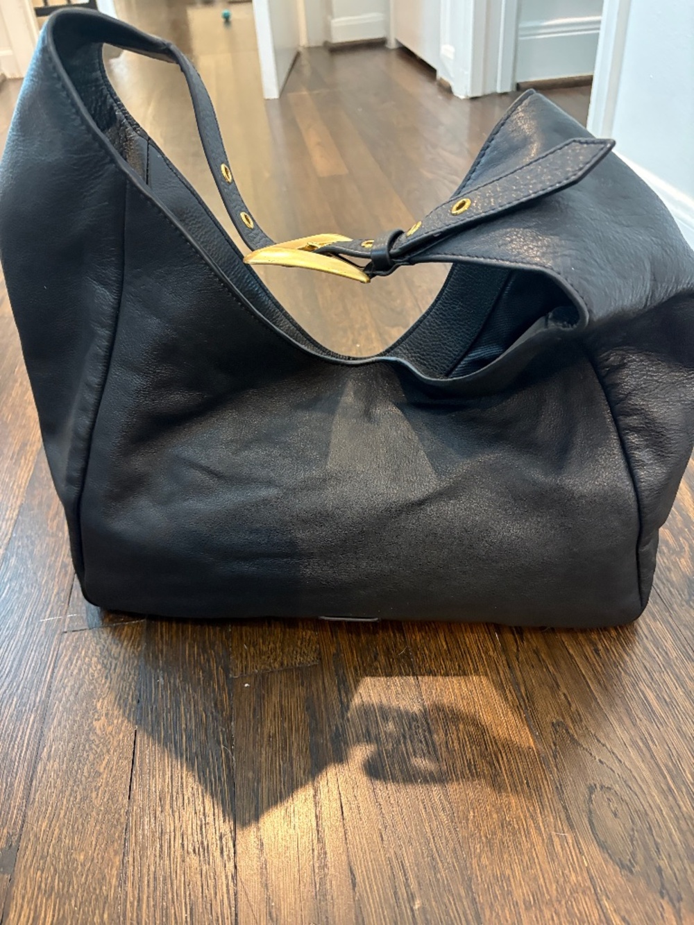 Vince Camuto Black Pebbled Leather Slouchy Hobo Shoulder Bag Gold Buckle Accent